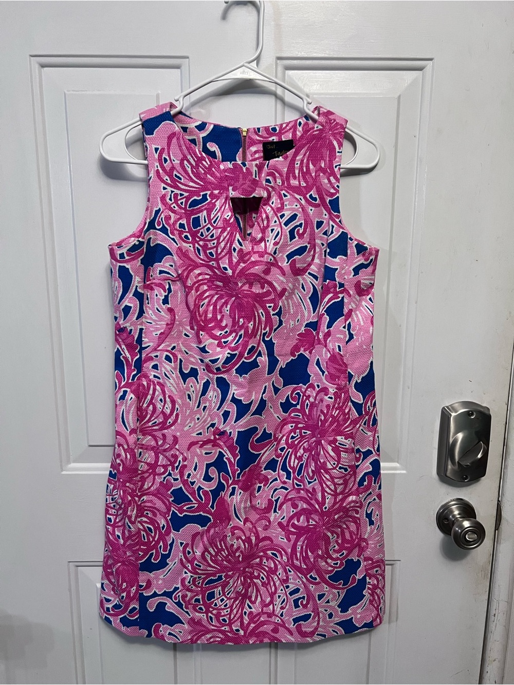 Just Taylor 6P Petite Pink Blue Floral Sleeveless Dress Keyhole Bow Pockets